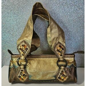 TOCCA Gold Metallic Leather Beaded Sequin Shoulder HandBag Hobo Purse